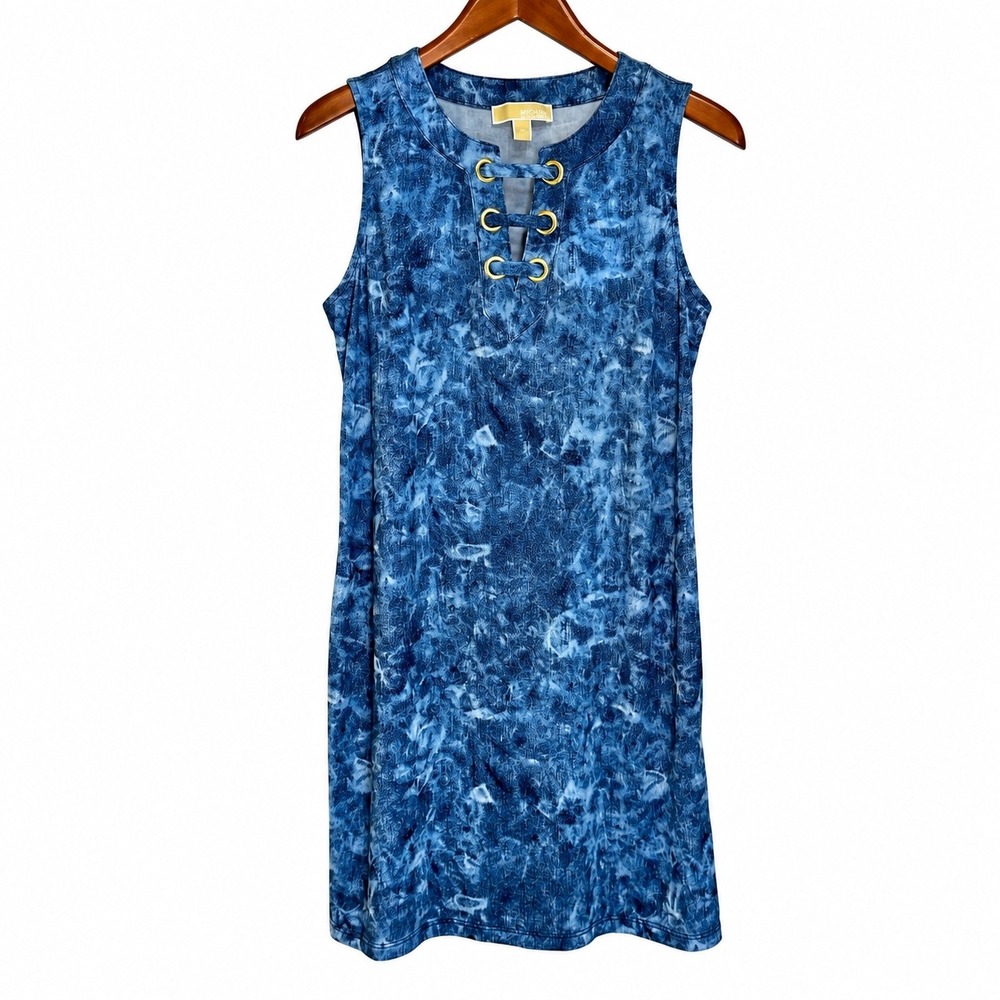 Michael Michael Kors Blue Acid Wash Lace Up Grommet Sleeveless Shift Dress M